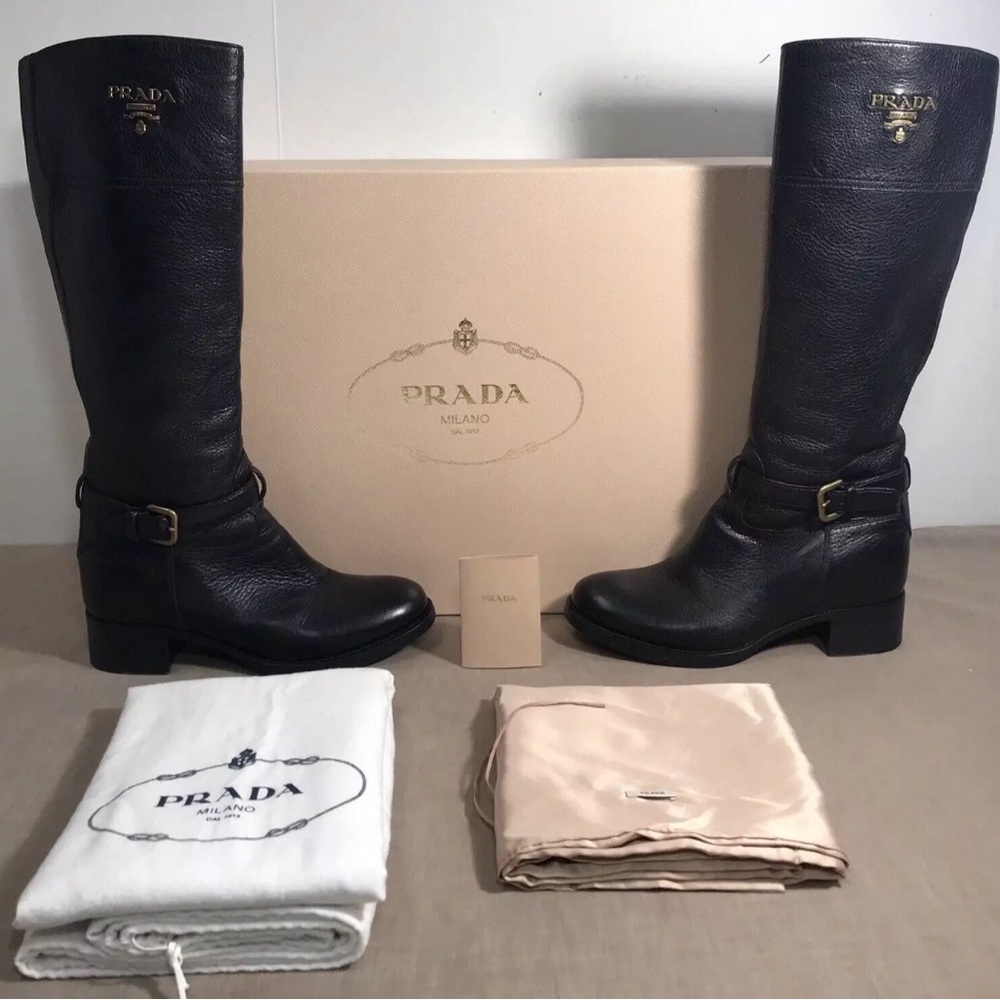 PRADA KNEE HIGH BOOTS BLACK INSIDE ZIP 37.5 (US7B) ORIG BOX W/2 DUST BAGS EUC!
